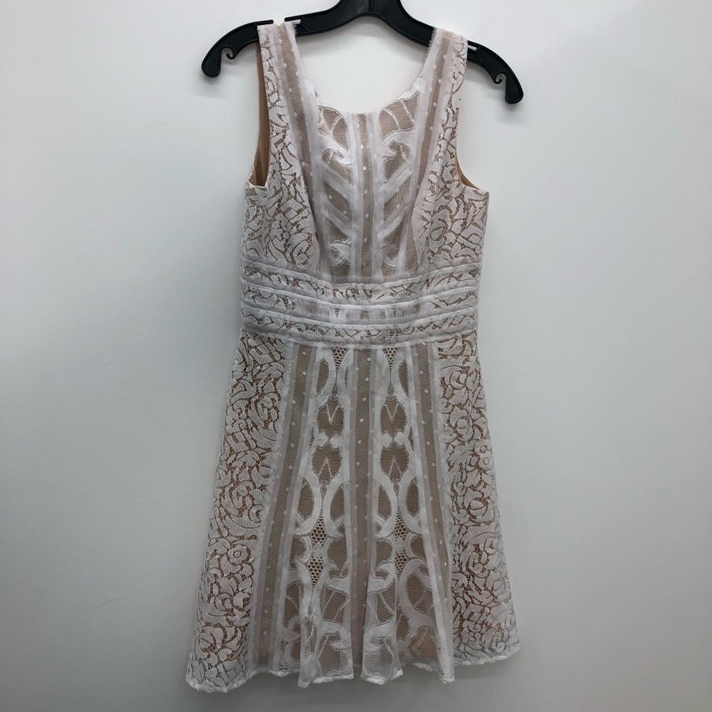 BCBG MaxAzria Kelly White Lace Tan Back Zip Dress